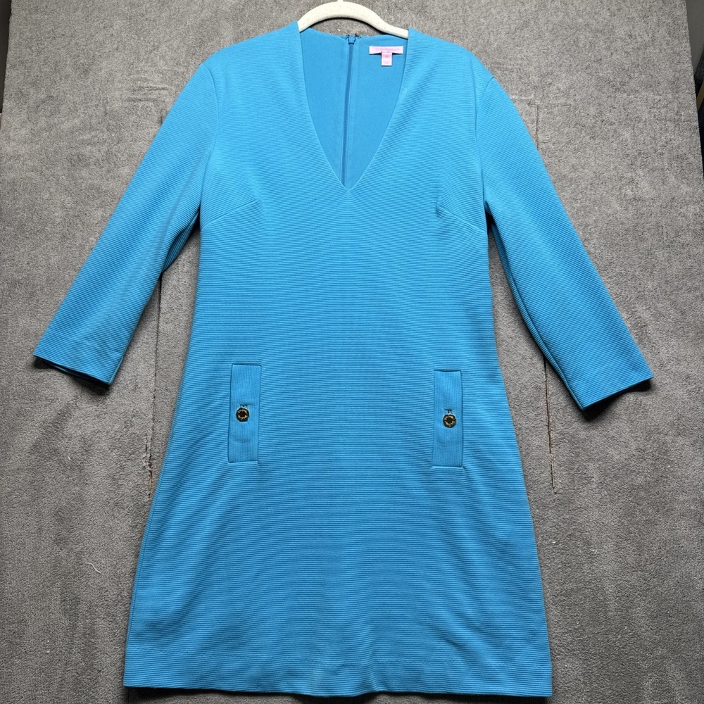 Lilly Pulitzer Blue V-Neck Long Sleeve Shift Dress Button Pocket Detail Medium